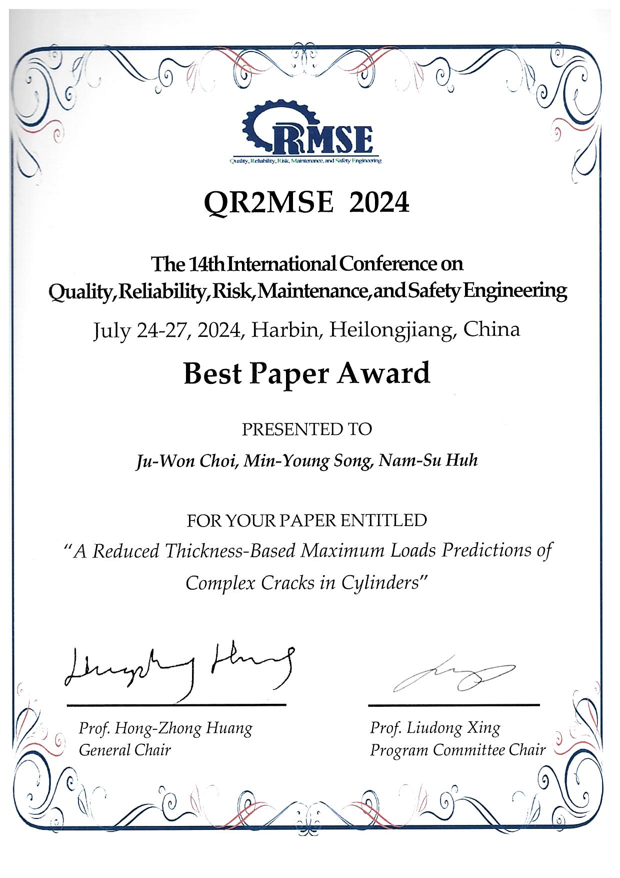 [기계설계로봇] ﻿최주원 석사과정생 QR2MSE 국제학술대회 Best Paper Award 수상 (지도교수:허남수)